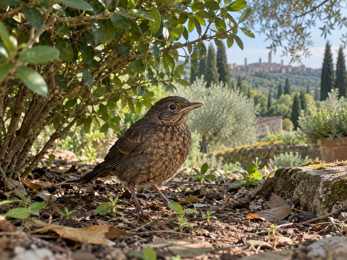 Giovane merlo nella campagna toscana